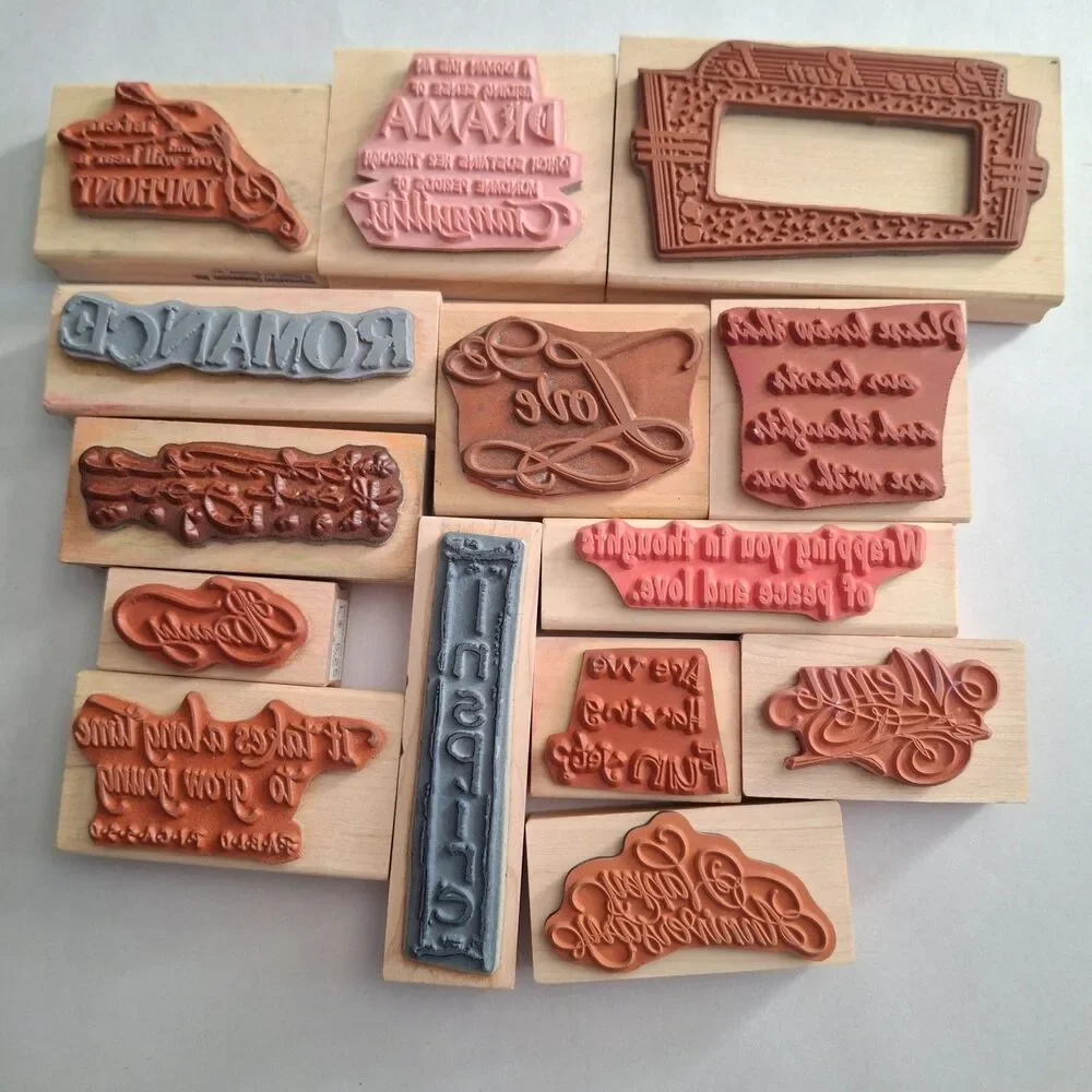 Lot of 14 Vintage Wood Mounted Rubber Stamps Mixed Quotes Romance Inspire Fun